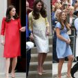 La duchesse Catherine de Cambridge (Kate Middleton) à la sortie de la maternité de l'hôpital St Mary à Londres, de gauche à droite : après la naissance de son troisième enfant le 23 avril 2018, après la naissance de la princesse Charlotte le 2 mai 2015, après la naissance du prince George le 23 juillet 2013. A chaque fois, habillée d'une robe Jenny Packham.