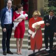 La duchesse Catherine de Cambridge (Kate Middleton), avec le prince William et leur troisième enfant devant l'aile Lindo de l'hôpital St Mary à Londres le 23 avril 2018. 34 ans plus tôt, le 15 septembre 1984, la princesse Diana (Lady Di) et le prince Charles avec le prince Harry, au même endroit. Photos Bestimage, photomontage Purepeople.