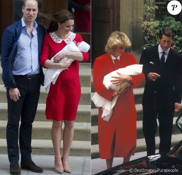 La duchesse Catherine de Cambridge (Kate Middleton), avec le prince William et leur troisième enfant devant l'aile Lindo de l'hôpital St Mary à Londres le 23 avril 2018. 34 ans plus tôt, le 15 septembre 1984, la princesse Diana (Lady Di) et le prince Charles avec le prince Harry, au même endroit. Photos Bestimage, photomontage Purepeople.