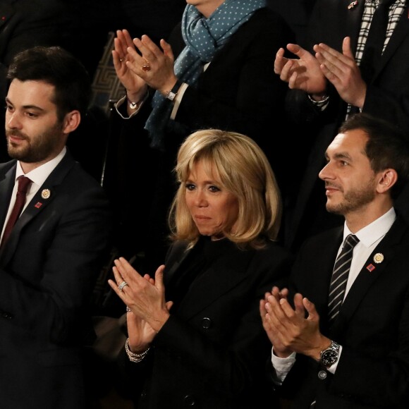 La Première Dame Brigitte Macron (Trogneux) avec José Pietroboni, chef du protocole, Tristan Bromet, chef de cabinet et Pierre-Olivier Costa, directeur de cabinet - Le président de la République française lors de son discours devant les deux Chambres du Congrès des Etats-Unis, au siège du Congrès au Capitole à Washington, The District, Etats-Unis, le 25 avril 2018. Le chef de l'Etat français, dans un discours en anglais de trois quarts d'heure, a promu le rôle conjoint qu'ont selon lui les Etats-Unis, l'Europe et la France pour défendre l'ordre international. © Dominique Jacovides/Bestimage