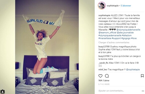 Sophie Tapie soutient l'Olympique de Marseille à l'occasion du match retour de la demi-finale de Ligue Europa OM-Salzbourg. Photo postée sur Instagram le 25 avril 2018.