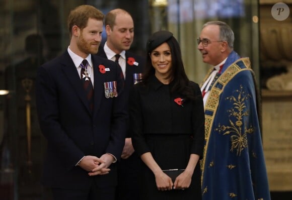 Le prince Harry, le prince William, duc de Cambridge, Meghan Markle lors de la cérémonie commémorative de l'ANZAC Day à l'abbaye de Westminster à Londres. Le 25 avril 2018