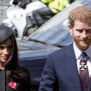 Le prince William, duc de Cambridge, Meghan Markle et le prince Harry à leur arrivée à l'abbaye de Westminster pour le service commémoratif de L'ANZAC Day à Londres. Le 25 avril 2018