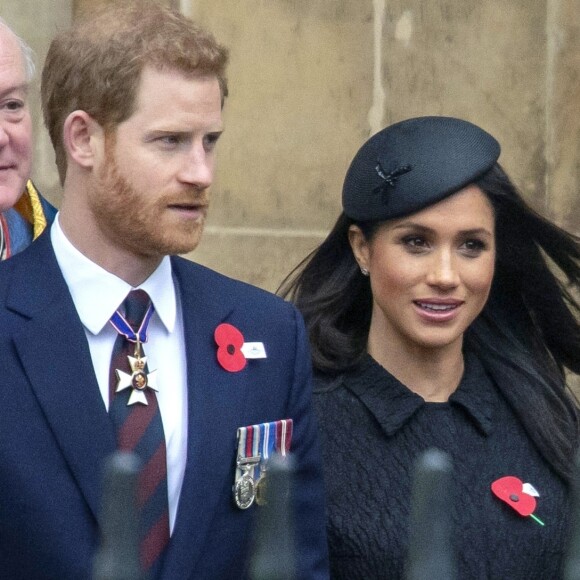 Le prince Harry et Meghan Markle à la sortie de l'abbaye de Westminster pour le service commémoratif de L'ANZAC Day à Londres. Le 25 avril 2018