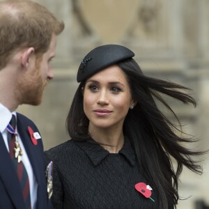 Le prince Harry et Meghan Markle à la sortie de l'abbaye de Westminster pour le service commémoratif de L'ANZAC Day à Londres. Le 25 avril 2018