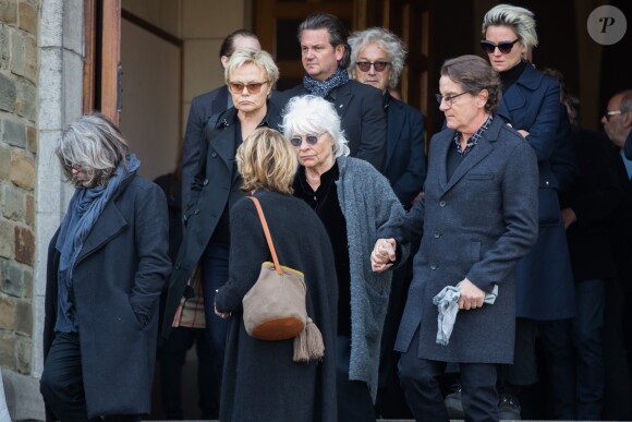 Muriel Robin, Catherine Lara et Francis Cabrel, Luc Plamondon - Obsèques de Maurane en l'église Notre-Dame des Grâces à Woluwe-Saint-Pierre en Belgique le 17 mai 2018.