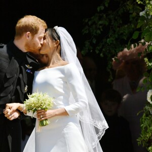 Le prince Harry, duc de Sussex, et Meghan Markle, duchesse de Sussex, à la sortie de chapelle St. George au château de Windsor - Sortie après la cérémonie de mariage du prince Harry et de Meghan Markle en la chapelle Saint-George au château de Windsor, Royaume Uni, le 19 mai 2018.