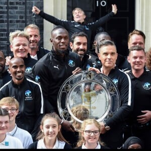 Mo Farrah, Usain Bolt, Gordon Ramsey, Robbie Williams, Robert Pirès - Réception au 10 Downing Street, pour parler du match caritatif Soccer Aid for Unicef, à Londres, le 6 juin 2018.
