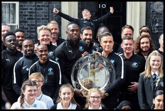 Mo Farrah, Usain Bolt, Gordon Ramsey, Robbie Williams, Robert Pirès - Réception au 10 Downing Street, pour parler du match caritatif Soccer Aid for Unicef, à Londres, le 6 juin 2018.
