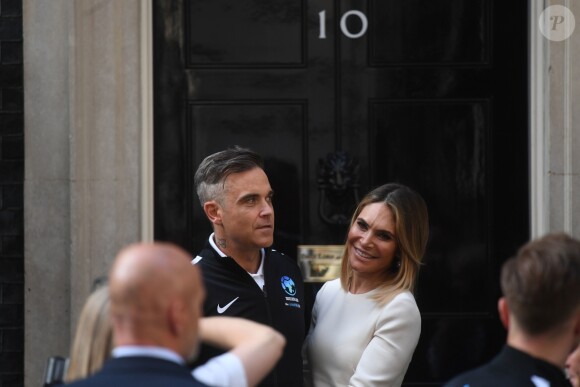 Robbie Williams et Ayda Field - Réception au 10 Downing Street, pour parler du match caritatif Soccer Aid for Unicef, à Londres, le 6 juin 2018.