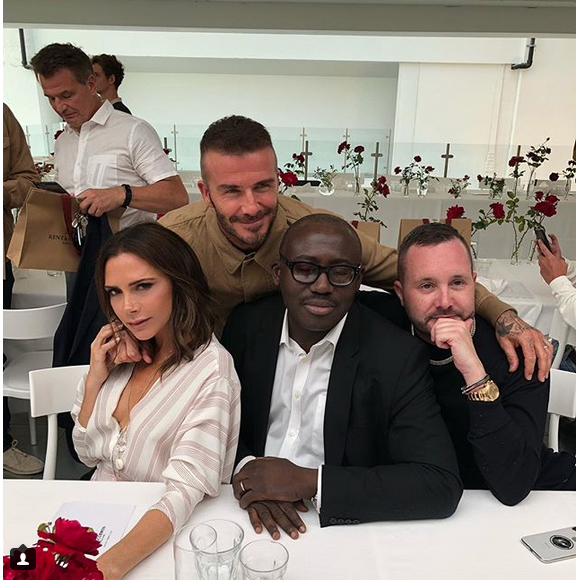 David et Victoria Beckham, Edward Enninful et Kim Jones à la présentation de la marque Kent & Curwen. Londres, le 10 juin 2018.