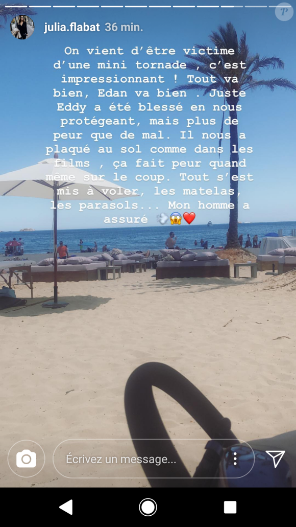 Julia Flabat annonce qu'elle a été victime d'une mini tornade à Ibiza sur Instagram. Juin 2018.