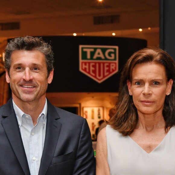 Patrick Dempsey et la princesse Stéphanie de Monaco - Présentation de la carte routière restaurée ayant appartenu au prince Albert 1er de Monaco et présentation du nouveau modèle de montre Tag Heuer Monaco Gulf édition spéciale 50e anniversaire, au musée de la collection des voitures anciennes du prince de Monaco le 12 juin 2018. © Bruno Bebert/Bestimage