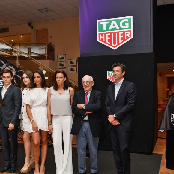 Marie Chevallier, son fiancé Louis Ducruet, Camille Gottlieb, Pauline Ducruet, la princesse Stéphanie de Monaco, Jack Heuer et Patrick Dempsey - Présentation de la carte routière restaurée ayant appartenu au prince Albert 1er de Monaco et présentation du nouveau modèle de montre Tag Heuer Monaco Gulf édition spéciale 50e anniversaire, au musée de la collection des voitures anciennes du prince de Monaco le 12 juin 2018. © Bruno Bebert/Bestimage