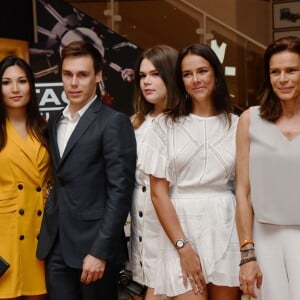 Marie Chevallier, son fiancé Louis Ducruet, Camille Gottlieb, Pauline Ducruet et la princesse Stéphanie de Monaco - Présentation de la carte routière restaurée ayant appartenu au prince Albert 1er de Monaco et présentation du nouveau modèle de montre Tag Heuer Monaco Gulf édition spéciale 50e anniversaire, au musée de la collection des voitures anciennes du prince de Monaco le 12 juin 2018. © Bruno Bebert/Bestimage