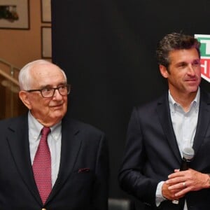 Jack Heuer, Patrick Dempsey et Sanjay Hinduja, président de Gulf Oil - Présentation de la carte routière restaurée ayant appartenu au prince Albert 1er de Monaco et présentation du nouveau modèle de montre Tag Heuer Monaco Gulf édition spéciale 50e anniversaire, au musée de la collection des voitures anciennes du prince de Monaco le 12 juin 2018. © Bruno Bebert/Bestimage