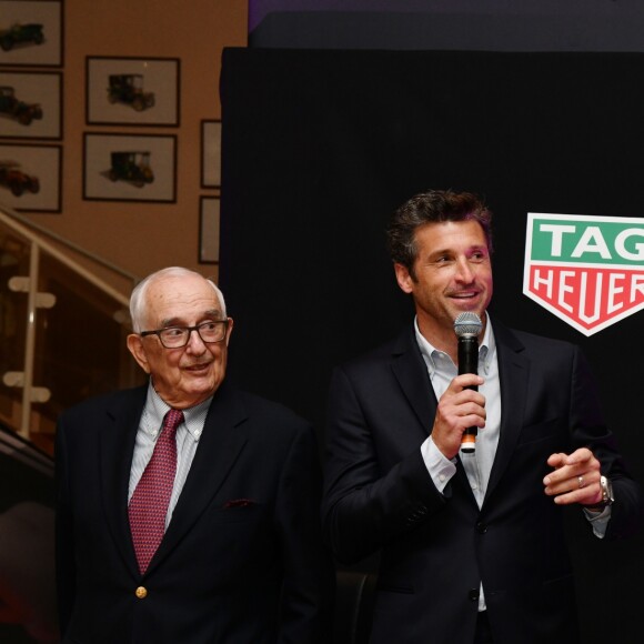 Jack Heuer et Patrick Dempsey - Présentation de la carte routière restaurée ayant appartenu au prince Albert 1er de Monaco et présentation du nouveau modèle de montre Tag Heuer Monaco Gulf édition spéciale 50e anniversaire, au musée de la collection des voitures anciennes du prince de Monaco le 12 juin 2018. © Bruno Bebert/Bestimage