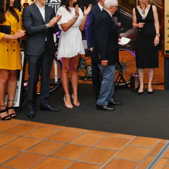 Camille Gottlieb, Marie Chevallier, son fiancé Louis Ducruet, Pauline Ducruet, Jack Heuer, la princesse Stéphanie de Monaco et Patrick Dempsey - Présentation de la carte routière restaurée ayant appartenu au prince Albert 1er de Monaco et présentation du nouveau modèle de montre Tag Heuer Monaco Gulf édition spéciale 50e anniversaire, au musée de la collection des voitures anciennes du prince de Monaco le 12 juin 2018. © Bruno Bebert/Bestimage