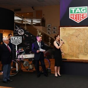 Jack Heuer, la princesse Stéphanie de Monaco et Patrick Dempsey - Présentation de la carte routière restaurée ayant appartenu au prince Albert 1er de Monaco et présentation du nouveau modèle de montre Tag Heuer Monaco Gulf édition spéciale 50e anniversaire, au musée de la collection des voitures anciennes du prince de Monaco le 12 juin 2018. © Bruno Bebert/Bestimage