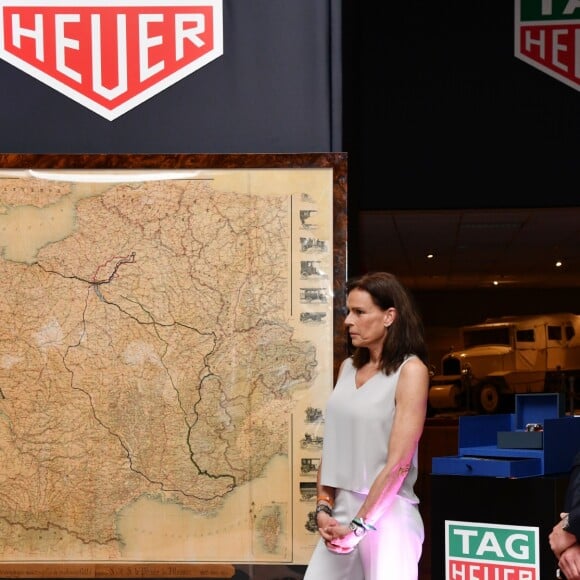 La princesse Stéphanie de Monaco et Patrick Dempsey - Présentation de la carte routière restaurée ayant appartenu au prince Albert 1er de Monaco et présentation du nouveau modèle de montre Tag Heuer Monaco Gulf édition spéciale 50e anniversaire, au musée de la collection des voitures anciennes du prince de Monaco le 12 juin 2018. © Bruno Bebert/Bestimage