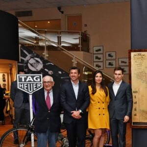 Jack Heuer, Patrick Dempsey, Marie Chevallier, son fiancé Louis Ducruet, Camille Gottlieb, Pauline Ducruet et la princesse Stéphanie de Monaco - Présentation de la carte routière restaurée ayant appartenu au prince Albert 1er de Monaco et présentation du nouveau modèle de montre Tag Heuer Monaco Gulf édition spéciale 50e anniversaire, au musée de la collection des voitures anciennes du prince de Monaco le 12 juin 2018. © Bruno Bebert/Bestimage