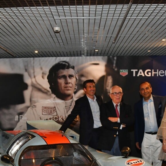 Pauline Ducruet, Camille Gottlieb, la princesse Stéphanie de Monaco, Patrick Dempsey, Jack Heuer, Sanjay Hinduja, président de Gulf Oil, Marie Chevallier et son fiancé Louis Ducruet - Présentation de la carte routière restaurée ayant appartenu au prince Albert 1er de Monaco et présentation du nouveau modèle de montre Tag Heuer Monaco Gulf édition spéciale 50e anniversaire, au musée de la collection des voitures anciennes du prince de Monaco le 12 juin 2018. © Bruno Bebert/Bestimage