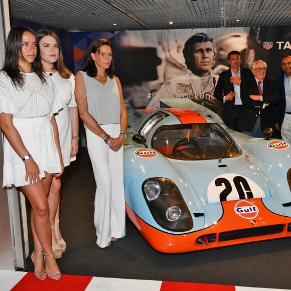 Pauline Ducruet, Camille Gottlieb, la princesse Stéphanie de Monaco, Patrick Dempsey, Jack Heuer, Sanjay Hinduja, président de Gulf Oil - Présentation de la carte routière restaurée ayant appartenu au prince Albert 1er de Monaco et présentation du nouveau modèle de montre Tag Heuer Monaco Gulf édition spéciale 50e anniversaire, au musée de la collection des voitures anciennes du prince de Monaco le 12 juin 2018. © Bruno Bebert/Bestimage