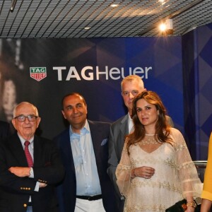 Patrick Dempsey, Jack Heuer, Sanjay Hinduja, président de Gulf Oil, Marie Chevallier et son fiancé, Louis Ducruet - Présentation de la carte routière restaurée ayant appartenu au prince Albert 1er de Monaco et présentation du nouveau modèle de montre Tag Heuer Monaco Gulf édition spéciale 50e anniversaire, au musée de la collection des voitures anciennes du prince de Monaco le 12 juin 2018. © Bruno Bebert/Bestimage