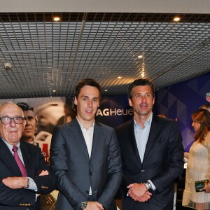 Jack Heuer, Louis Ducruet et Patrick Dempsey - Présentation de la carte routière restaurée ayant appartenu au prince Albert 1er de Monaco et présentation du nouveau modèle de montre Tag Heuer Monaco Gulf édition spéciale 50e anniversaire, au musée de la collection des voitures anciennes du prince de Monaco le 12 juin 2018. © Bruno Bebert/Bestimage