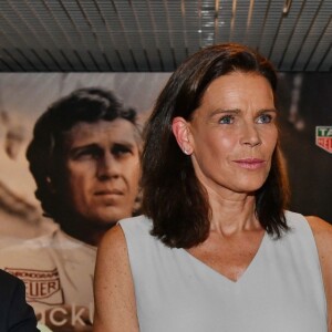 Jack Heuer, la princesse Stéphanie de Monaco et Patrick Dempsey - Présentation de la carte routière restaurée ayant appartenu au prince Albert 1er de Monaco et présentation du nouveau modèle de montre Tag Heuer Monaco Gulf édition spéciale 50e anniversaire, au musée de la collection des voitures anciennes du prince de Monaco le 12 juin 2018. © Bruno Bebert/Bestimage