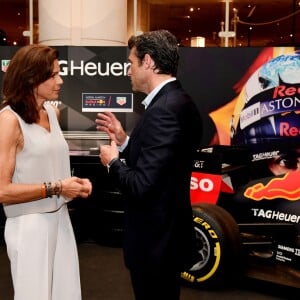 La princesse Stéphanie de Monaco et Patrick Dempsey - Présentation de la carte routière restaurée ayant appartenu au prince Albert 1er de Monaco et présentation du nouveau modèle de montre Tag Heuer Monaco Gulf édition spéciale 50e anniversaire, au musée de la collection des voitures anciennes du prince de Monaco le 12 juin 2018. © Bruno Bebert/Bestimage