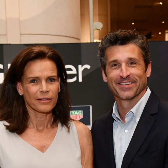 La princesse Stéphanie de Monaco et Patrick Dempsey - Présentation de la carte routière restaurée ayant appartenu au prince Albert 1er de Monaco et présentation du nouveau modèle de montre Tag Heuer Monaco Gulf édition spéciale 50e anniversaire, au musée de la collection des voitures anciennes du prince de Monaco le 12 juin 2018. © Bruno Bebert/Bestimage