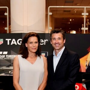 La princesse Stéphanie de Monaco et Patrick Dempsey - Présentation de la carte routière restaurée ayant appartenu au prince Albert 1er de Monaco et présentation du nouveau modèle de montre Tag Heuer Monaco Gulf édition spéciale 50e anniversaire, au musée de la collection des voitures anciennes du prince de Monaco le 12 juin 2018. © Bruno Bebert/Bestimage