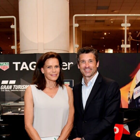 La princesse Stéphanie de Monaco et Patrick Dempsey - Présentation de la carte routière restaurée ayant appartenu au prince Albert 1er de Monaco et présentation du nouveau modèle de montre Tag Heuer Monaco Gulf édition spéciale 50e anniversaire, au musée de la collection des voitures anciennes du prince de Monaco le 12 juin 2018. © Bruno Bebert/Bestimage