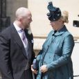 Mike Tindall et sa femme Zara Phillips Tindall, alors enceinte de leur fille Lena, au mariage du prince Harry et de Meghan Markle le 19 mai 2018 à Windsor.