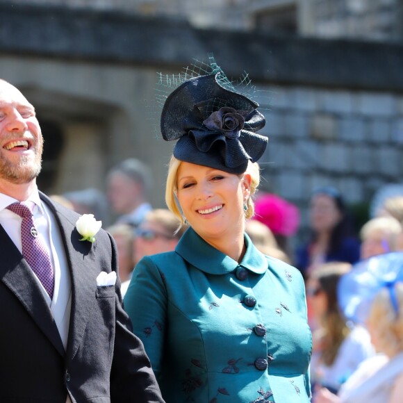 Mike Tindall et sa femme Zara Phillips Tindall, alors enceinte de leur fille Lena, au mariage du prince Harry et de Meghan Markle le 19 mai 2018 à Windsor.