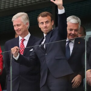 La reine Mathilde de Belgique, le roi Philippe de Belgique, le président de la Fédération internationale de football association Gianni Infantino, le président de la République Emmanuel Macron dans les tribunes lors de la demi-finale de la coupe du monde opposant la France à la Belgique à Saint-Pétersbourg, Russie, le 10 juillet 2018. La France a gagné 1-0. © Cyril Moreau/Bestimage