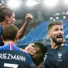 L'équipe de France après sa victoire face à l'équipe de Belgique lors de la demi-finale de la Coupe du monde le 10 juillet 2018