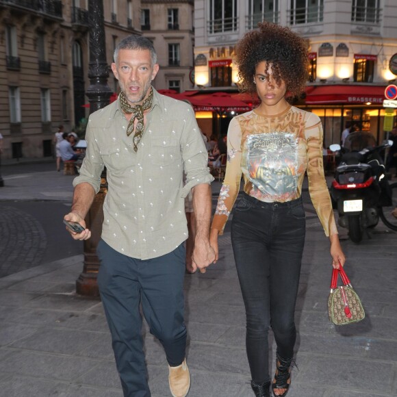 Exclusif - Vincent Cassel et sa compagne Tina Kunakey arrivent à la soirée "Scandal Discothèque" de Jean Paul Gaultier à la Fondation Dosne-Thiers à Paris, le 4 juillet 2018.