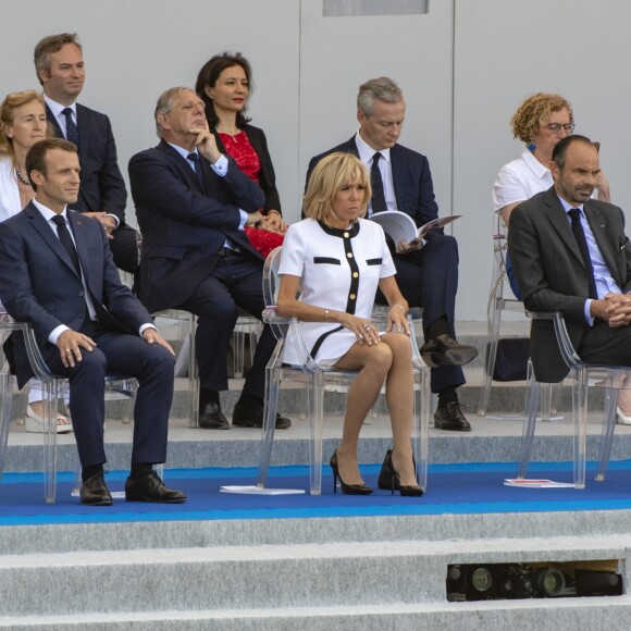 Emmanuel Macron, Jacques Mézard, Brigitte Macron, Bruno Lemaire, Edouard Philippe, Stéphane Travert et Taro Kono - Défilé militaire du 14 Juillet sur les Champs-Elysées à Paris © Pierre Perusseau / Bestimage