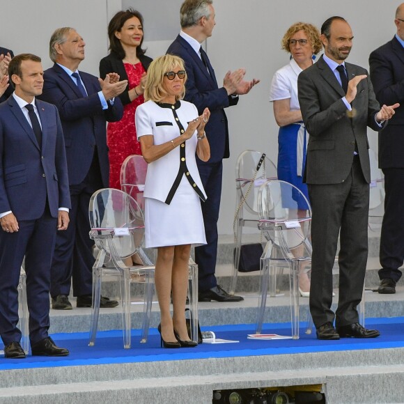 Nicole Belloubet, Jean-Baptiste Lemoyne, Jacques Mézard, Delphine Gény-Stephann, Bruno Le Maire, Brigitte et Emmanuel Macron, Muriel Pénicaud, Edouard Philippe, Stéphane Travert - Défilé militaire du 14 Juillet sur les Champs-Elysées à Paris © Pierre Perusseau / Bestimage