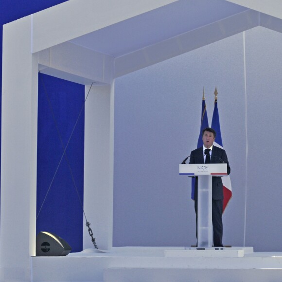 Christian Estrosi, maire de Nice - Le premier ministre Edouard Philippe à Nice à l'occasion de la cérémonie du 14 juillet 2018 sur la place Masséna à Nice en hommage aux victimes de l'attentat du 14 juillet 2016. Nice le 14 juillet 2018 © Pierre Rousseau / Pool / Bestimage