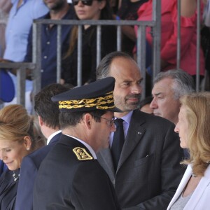 Charles Anges Ginesy, le président du Conseil Départemental des Alpes Maritimes, Laura Tenoudji et son mari Christian Estrosi, le maire de Nice, Edouard Philppe, le premier ministre, Nicole Belloubet, Garde des Sceaux, ministre de la Justice, Georges François Leclerc, le prefet des Alpes Maritimes - Le premier ministre Edouard Philippe à Nice à l'occasion de la cérémonie du 14 juillet 2018 sur la place Masséna à Nice en hommage aux victimes de l'attentat du 14 juillet 2016. Nice le 14 juillet 2018 © Pierre Rousseau / Pool / Bestimage