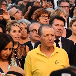 Christian Estrosi, le maire de Nice et sa femme Laura Tenoudji durant le concert du 14 juillet 2018 à Nice en hommage aux victimes de l'attentat du 14 juillet 2016 suivi d'un lâché de ballons et de l'allumage des 86 faisceaux lumineux depuis la Promenade des Anglais, symbolisant chacune des victimes. © Bruno Bebert/Bestimage