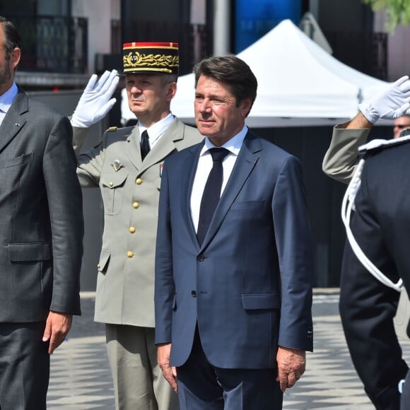 Edouard Philppe, le premier ministre, et Christian Estrosi, le maire de Nice, durant la cérémonie du 14 juillet 2018 sur la place Masséna à Nice en hommage aux victimes de l'attentat du 14 juillet 2016. © Bruno Bebert / Bestimage