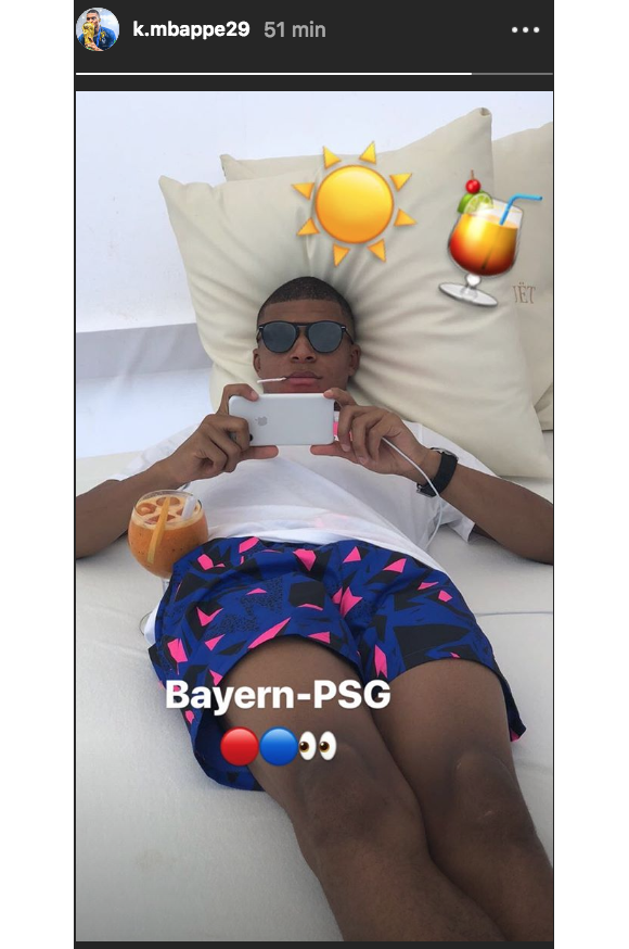 Kylian Mbappé en train de regarder PSG - Bayern Munich le samedi 21 juillet 2018 pendant ses vacances à Ibiza, image de sa story Instagram.