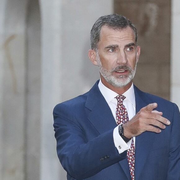 Le roi Felipe VI, la reine Sofia et la reine Letizia d'Espagne lors de la traditionnelle réception au Palais Royal de Almudaina à Palma de Majorque le 3 août 2018.