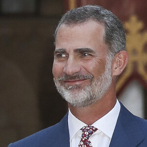 Le roi Felipe VI, la reine Sofia et la reine Letizia d'Espagne lors de la traditionnelle réception au Palais Royal de Almudaina à Palma de Majorque le 3 août 2018.