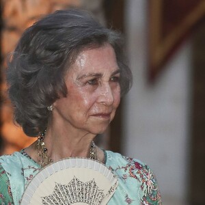 Le roi Felipe VI, la reine Sofia et la reine Letizia d'Espagne lors de la traditionnelle réception au Palais Royal de Almudaina à Palma de Majorque le 3 août 2018.