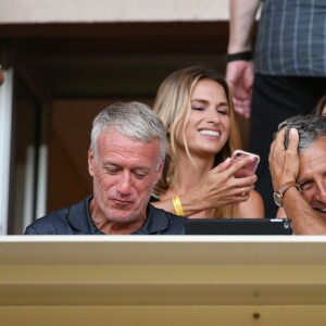 Didier Deschamps, Nagui, Cyril Rool, leurs femmes au second rang Mélanie Page, Claude Deschamps et des amis durant le Match de football de Ligue 1 opposant Monaco à Lille au stade Louis II le 18 août 2018. Pour leur première rencontre à domicile de la saison 2018/2019, les monégasques n'ont obtenu qu'un match nul 0 - 0.18/08/2018 - Monaco